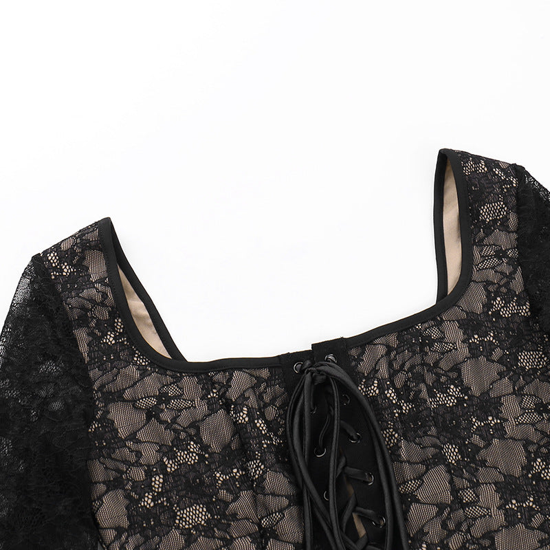 Hot Girl Temperament Slim Vest And Long Sleeve Lace Stitching Tied Dress