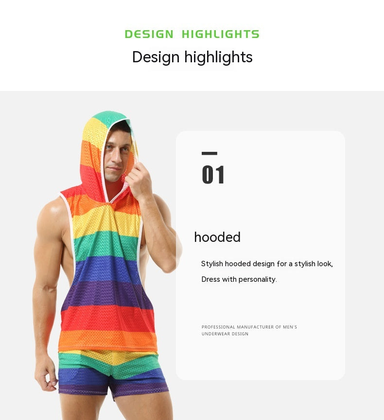 Rainbow Hooded Men's Vest V-neck Hollow Breathable Thin Sexy Sleeveless Loose I-shaped Top Without Pants