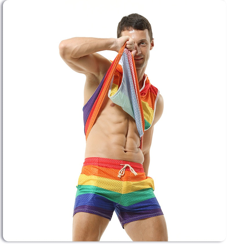 Rainbow Hooded Men's Vest V-neck Hollow Breathable Thin Sexy Sleeveless Loose I-shaped Top Without Pants