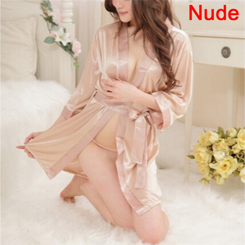 Conjunto de lencería sexy para mujer, bata de seda de hielo sexy con albornoz