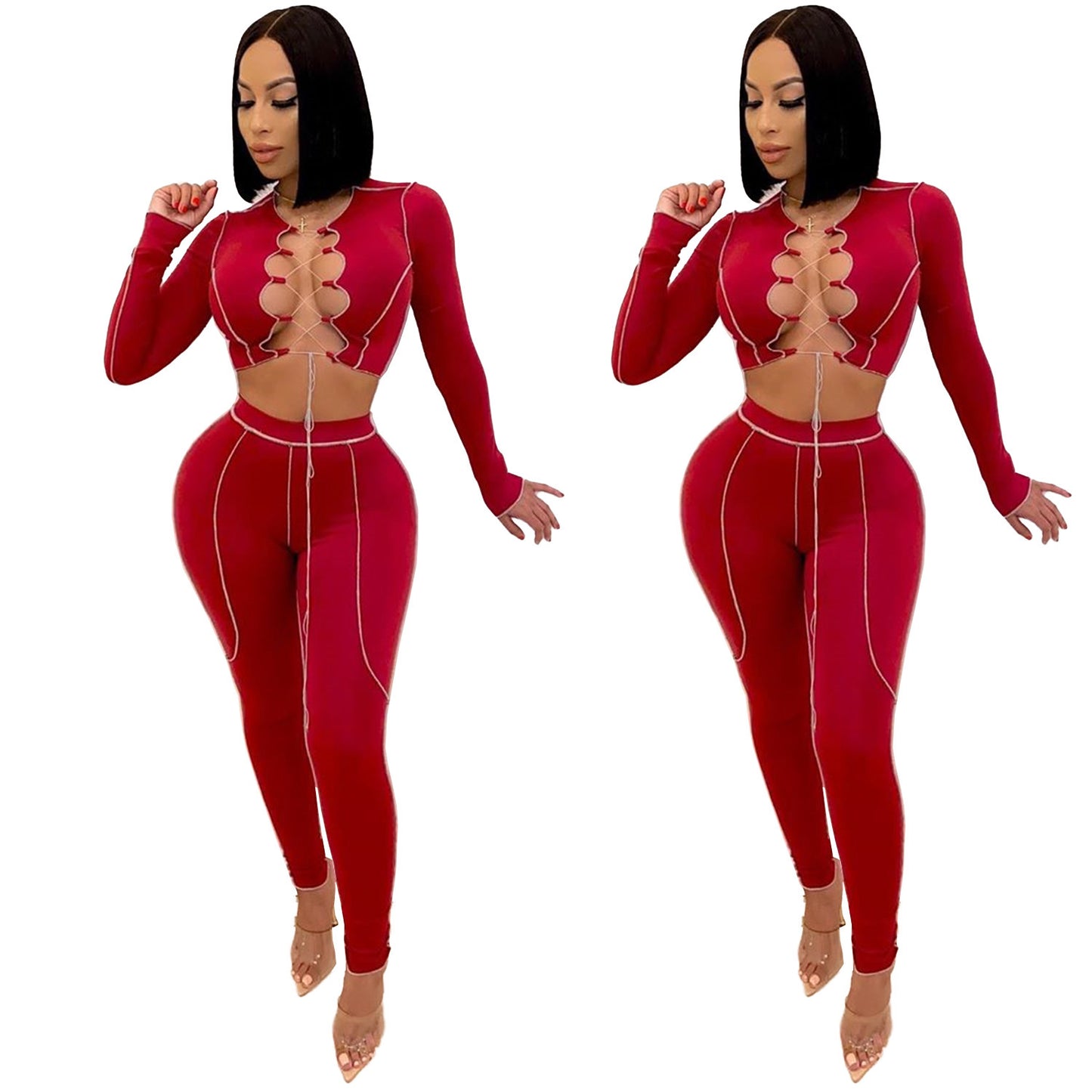 Ensemble deux pièces bandage sexy ajouré à manches longues