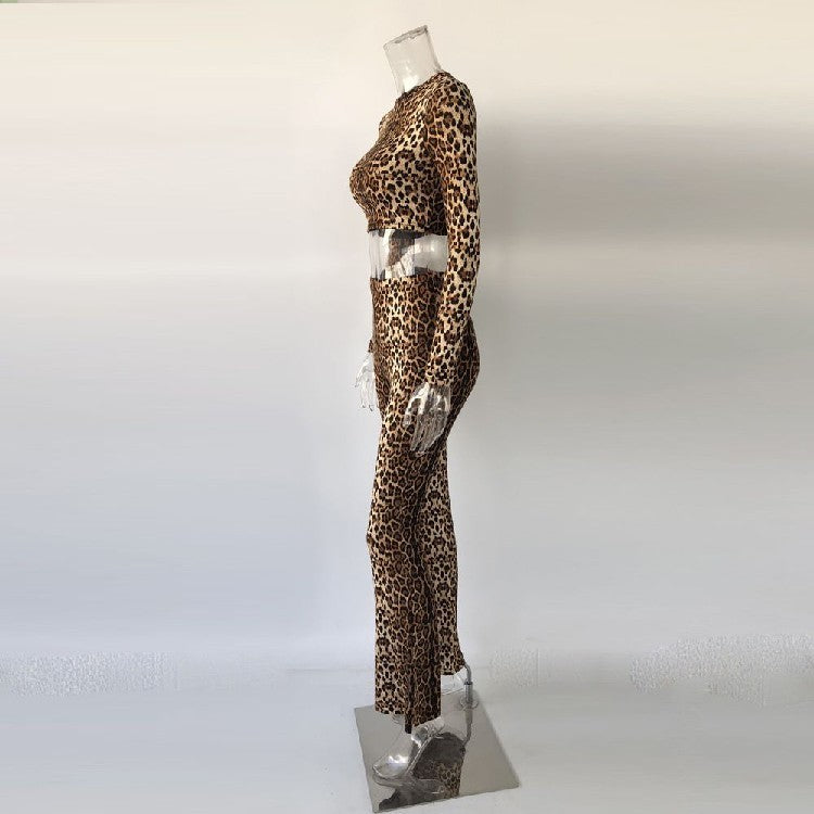 Ensemble pantalon évasé sexy léopard ras du cou