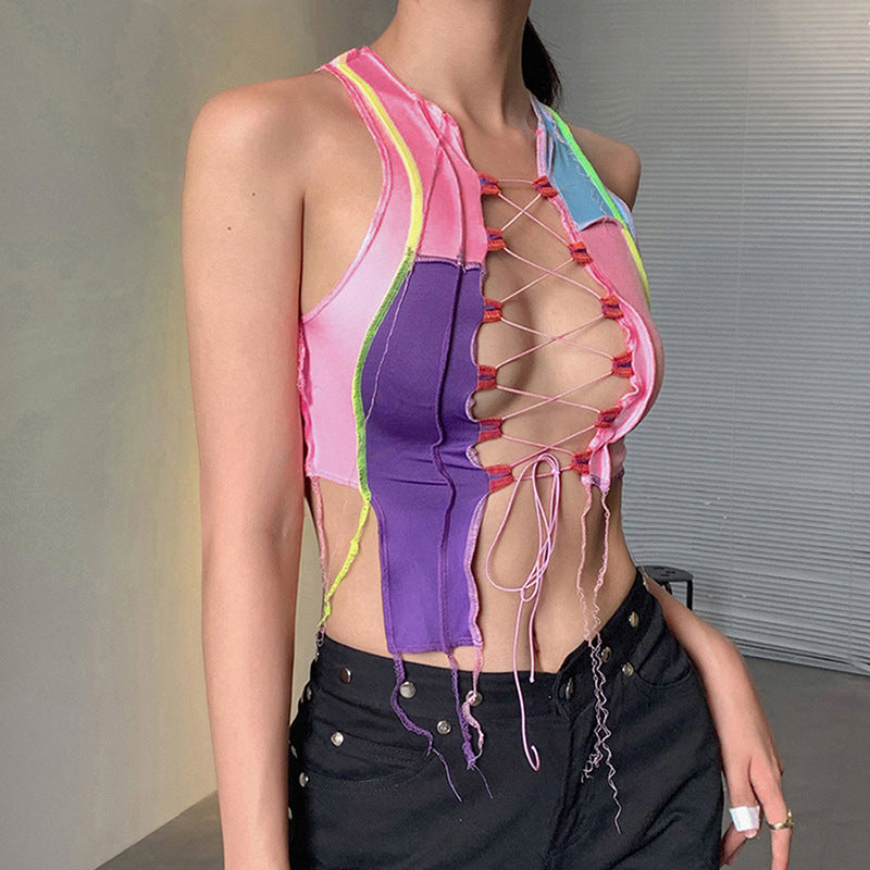 Color Irregular Navel Lace-up Cutout Sexy Low-cut Vest Nightclub Goddess Temperament Summer