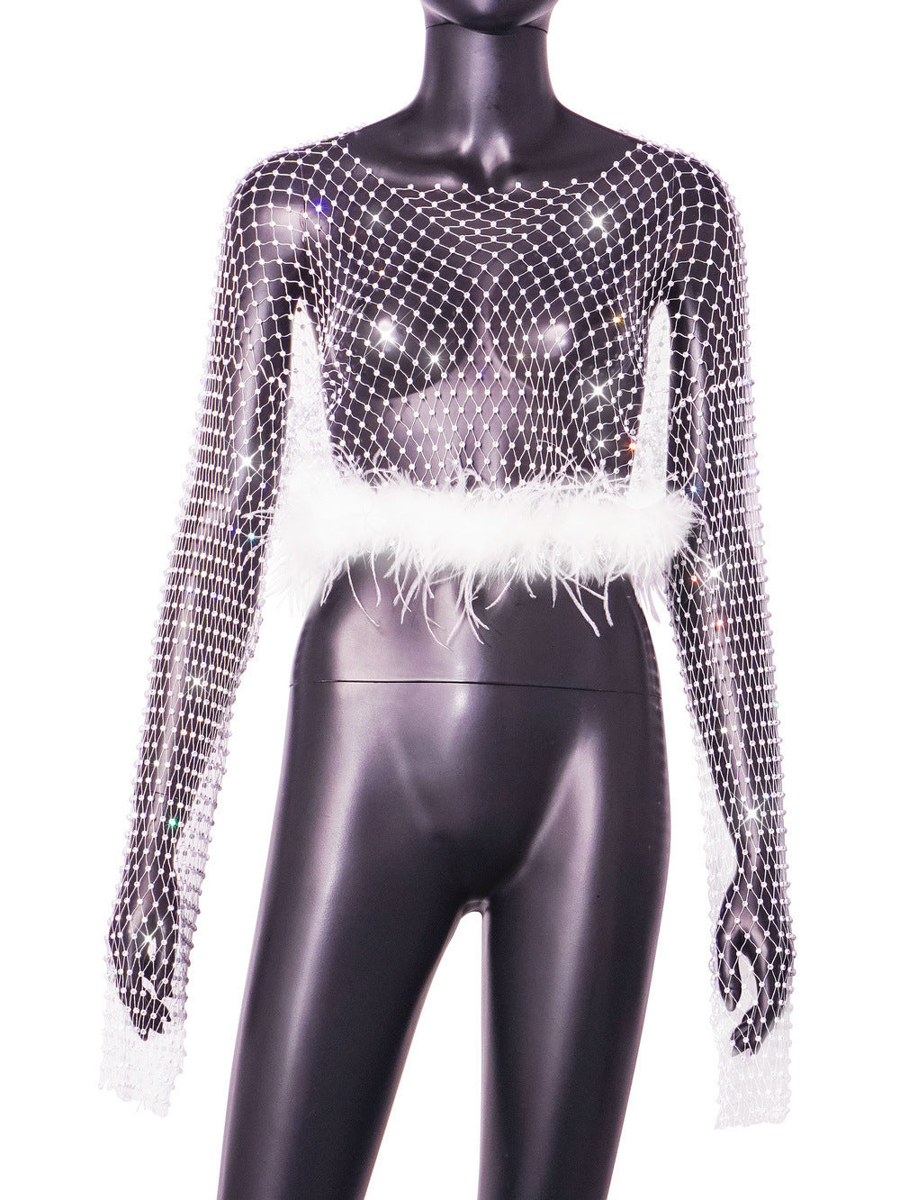 Women's Elegant Slim-fit Diamond Super Shiny Ostrich Feather Sexy Rhinestones Fishnet Top