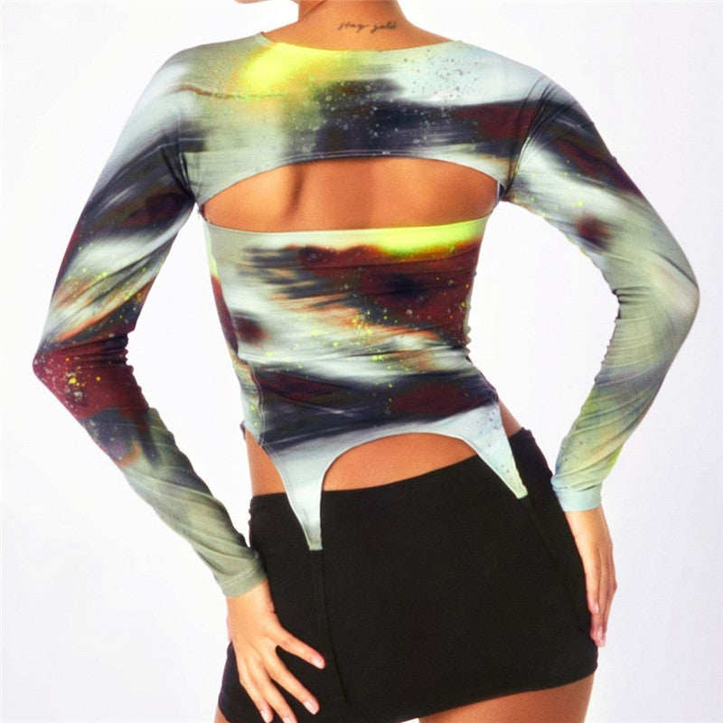 Printed Sexy Square Neck Slim Tank Long Sleeve Vest Set