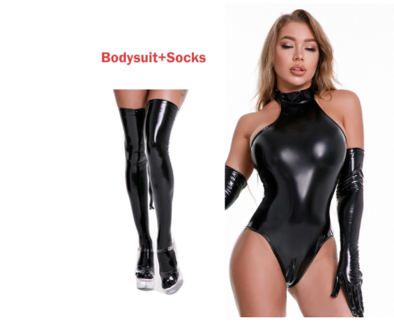 Pantalon zippé en cuir verni PU, body brillant