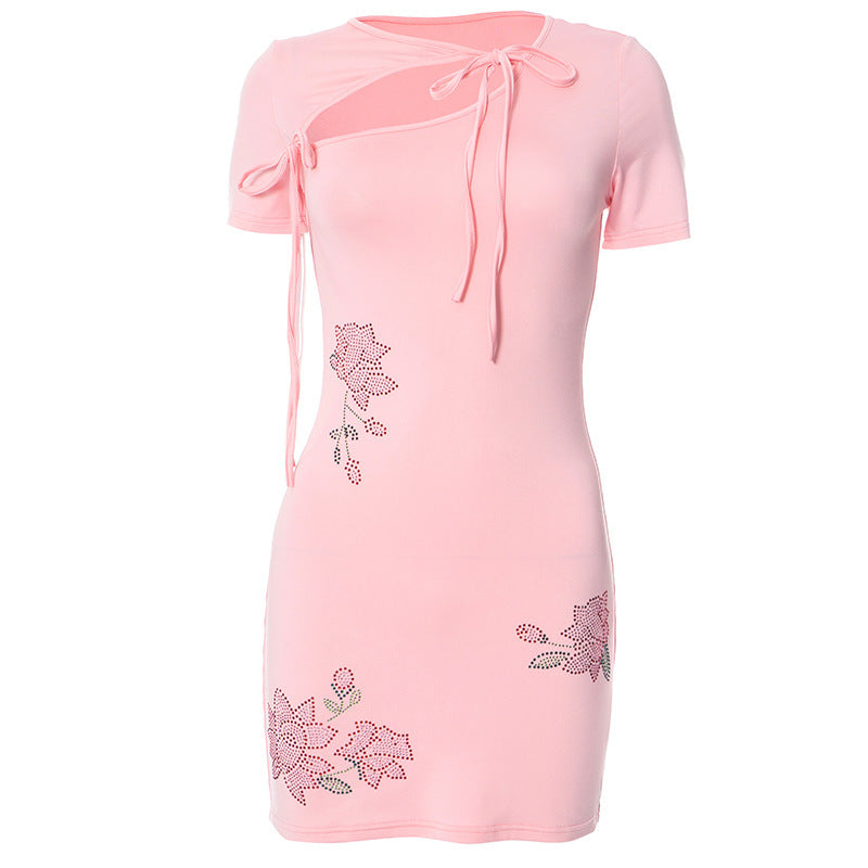 Summer New Lace-up Short-sleeved Flower Hot Rhinestone With Hot Girl Dress