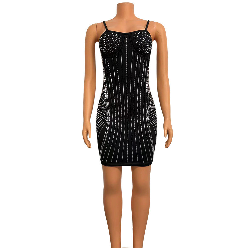 Nightclub Milk Silk Hot Rhinestone Strap Tight Dress