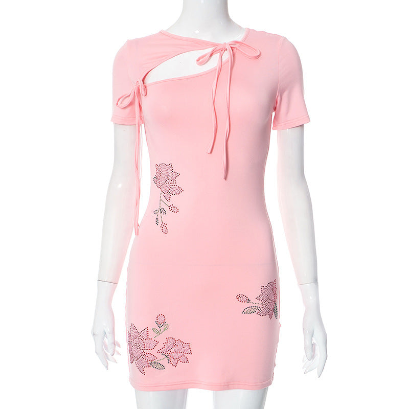 Summer New Lace-up Short-sleeved Flower Hot Rhinestone With Hot Girl Dress