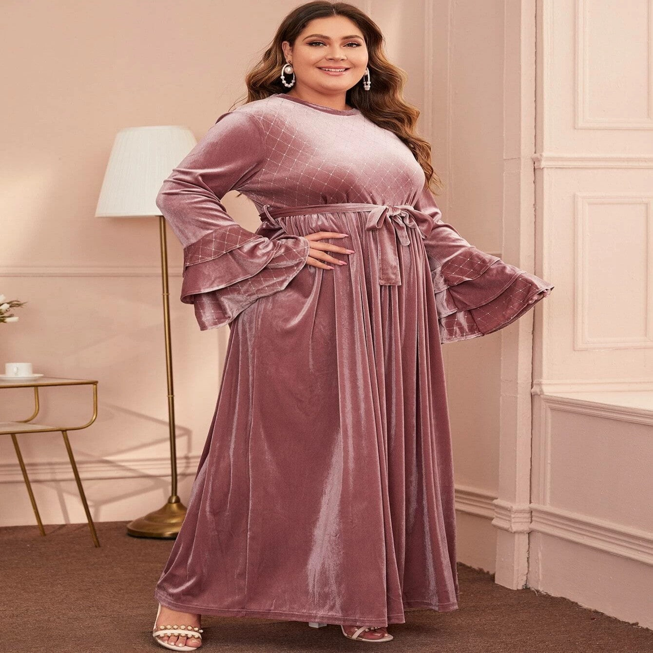 Fashion Oversized Women's Hot Stamped Flare Sleeves Golden Velvet Casual Dress