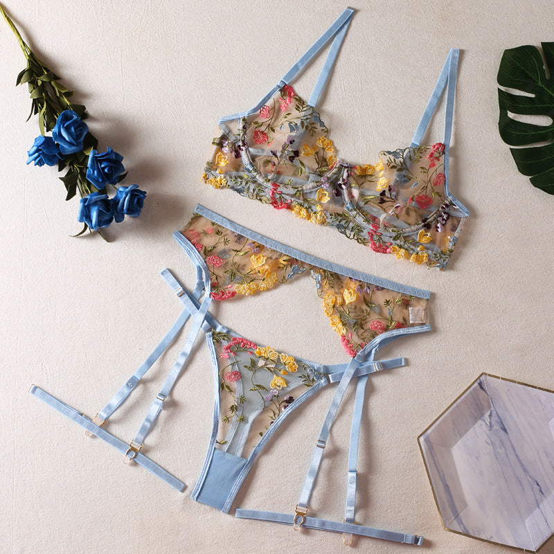 Ellolace Lingerie Sensuelle Sous-vêtements en dentelle Broderie transparente Jarretières 3 pièces