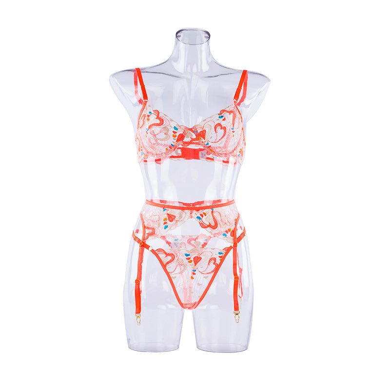 Traje dividido moldeador de cuerpo de malla bordada con tirantes de lencería