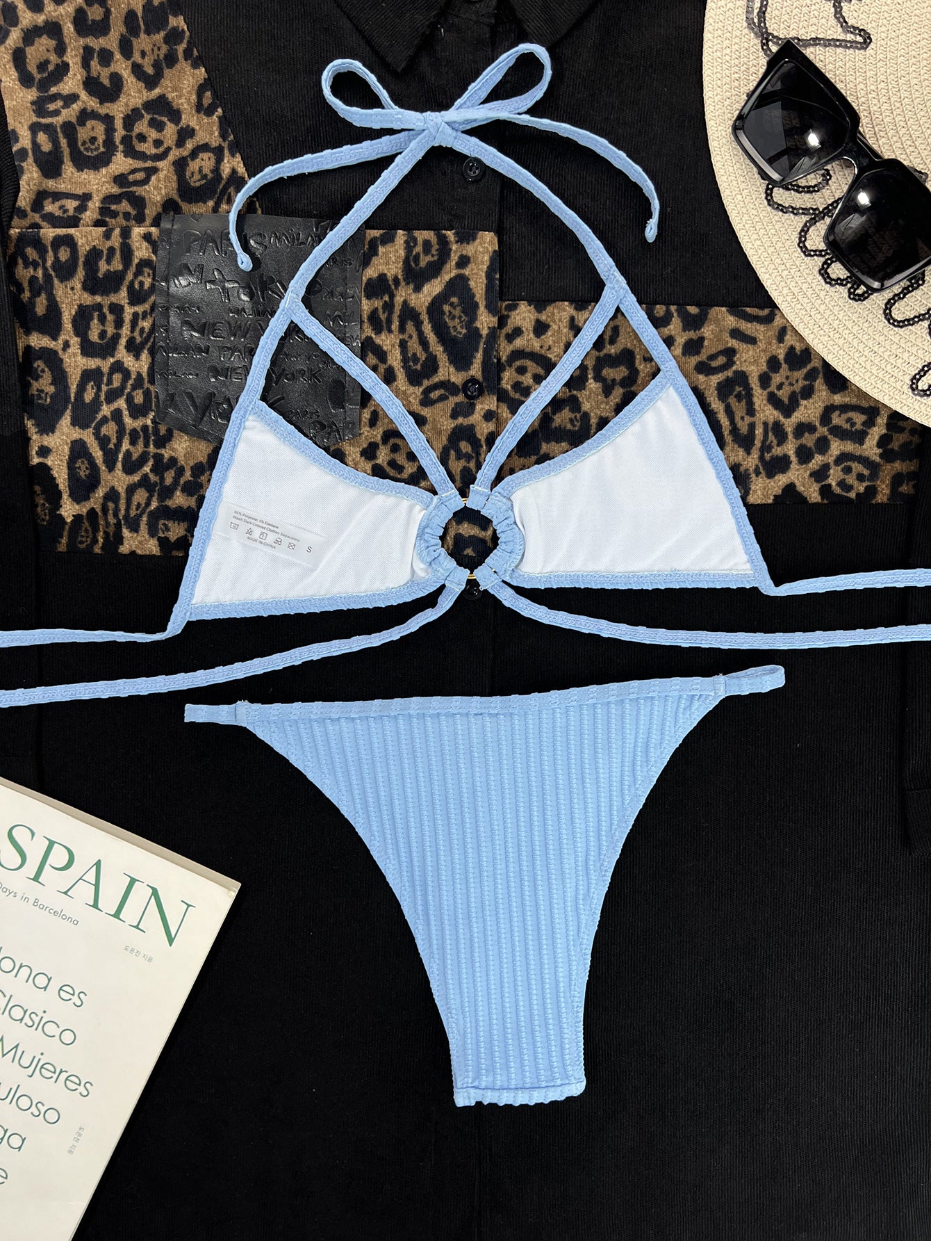 Split Swimsuit Solid Color Lace-up Halter Ring Sexy