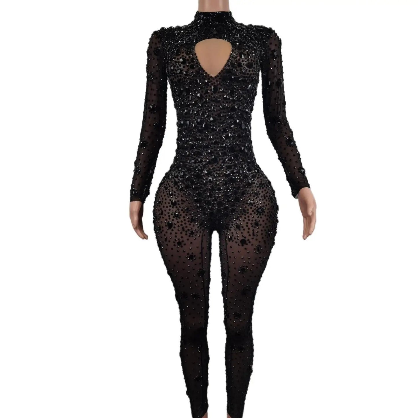 Nightclub Bar Party Sheer Cutout Rhinestone Jumpsuit