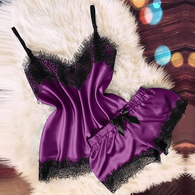 Lencería sexy para mujer, ropa de dormir, camisola, pantalones cortos con lazo, cuello en V