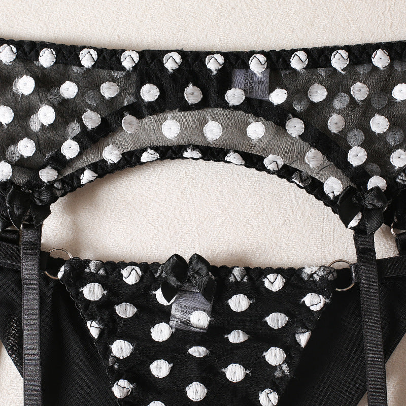 Polka Dot Lingerie Four-piece Set With Scarf Waist Bow Ultra-thin See-through Underwear