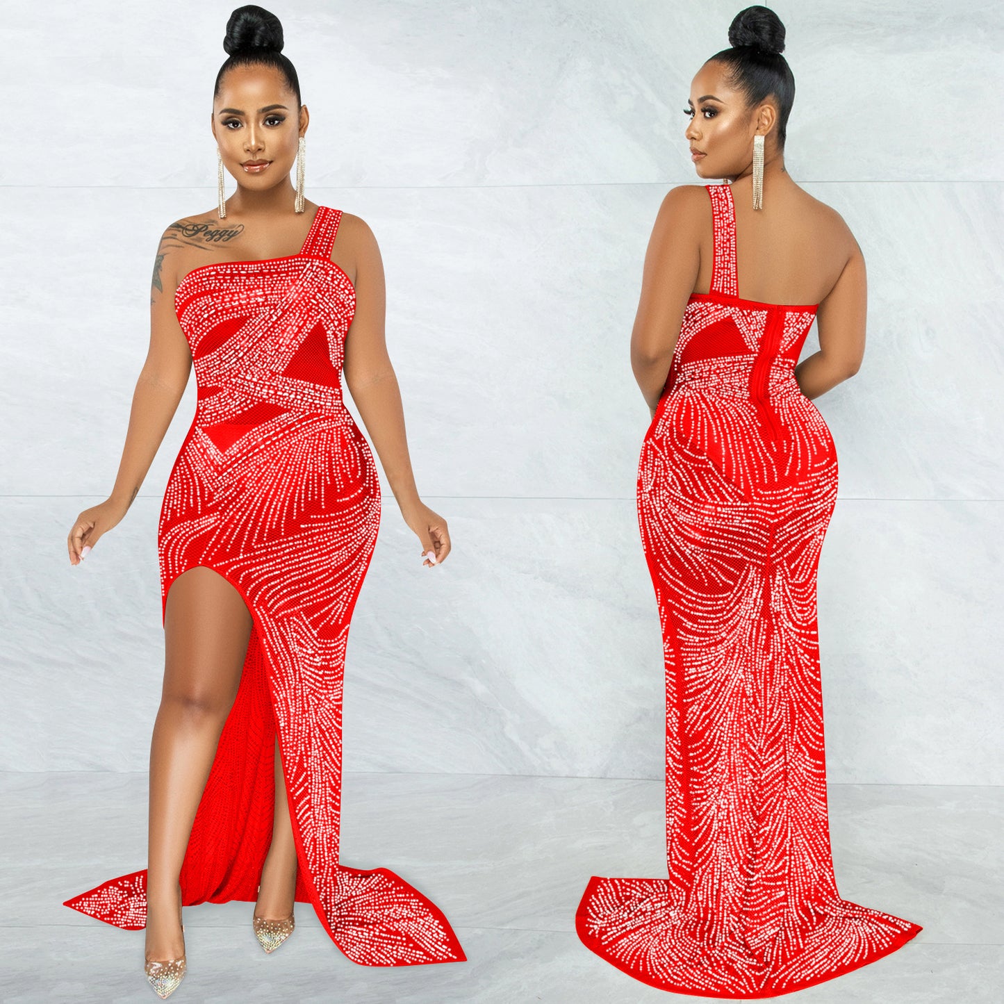 Nightclub Hot Rhinestone Single Sling Slit Long Skirt Dress