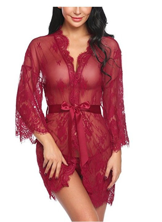 Cardigan en dentelle ajourée, pyjama à manches longues, Europe et états-unis, XL, lingerie sexy de style kimono pour femmes