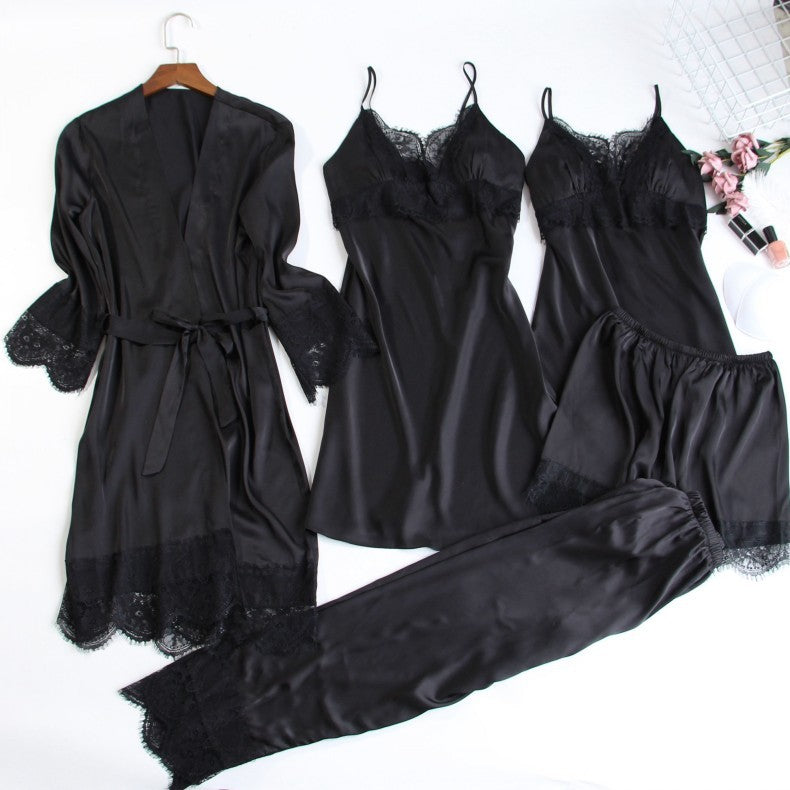 Pyjama cinq pièces pour femme, chemise de nuit sexy en dentelle avec coussinet de poitrine