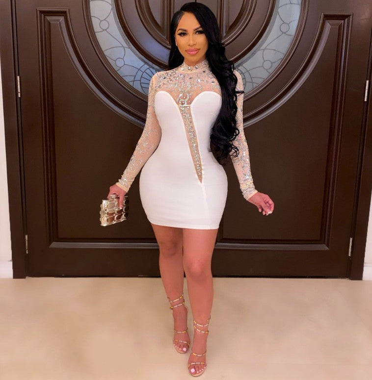 Sexy Stitching Perspective Hot Rhinestone Long-sleeved Hip Dress