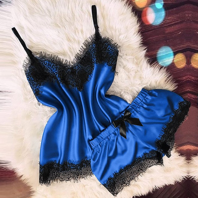 Lencería sexy para mujer, ropa de dormir, camisola, pantalones cortos con lazo, cuello en V