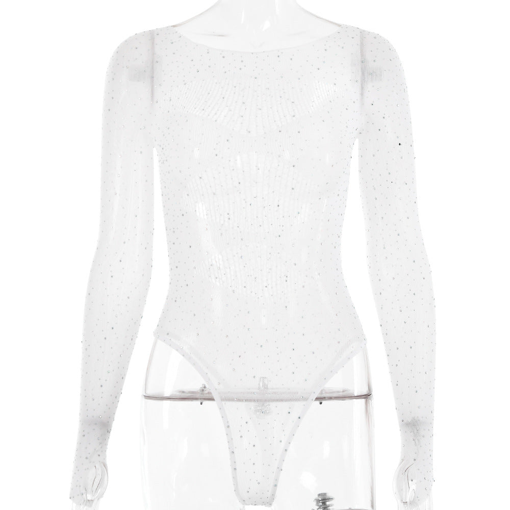 Women's High Elastic Knitted Sheer Long Sleeve Hollow Rhinestone Jumpsuit