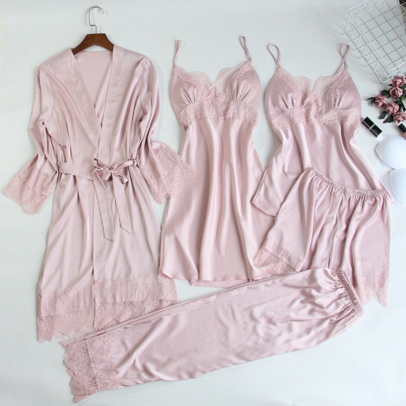 Pyjama cinq pièces pour femme, chemise de nuit sexy en dentelle avec coussinet de poitrine
