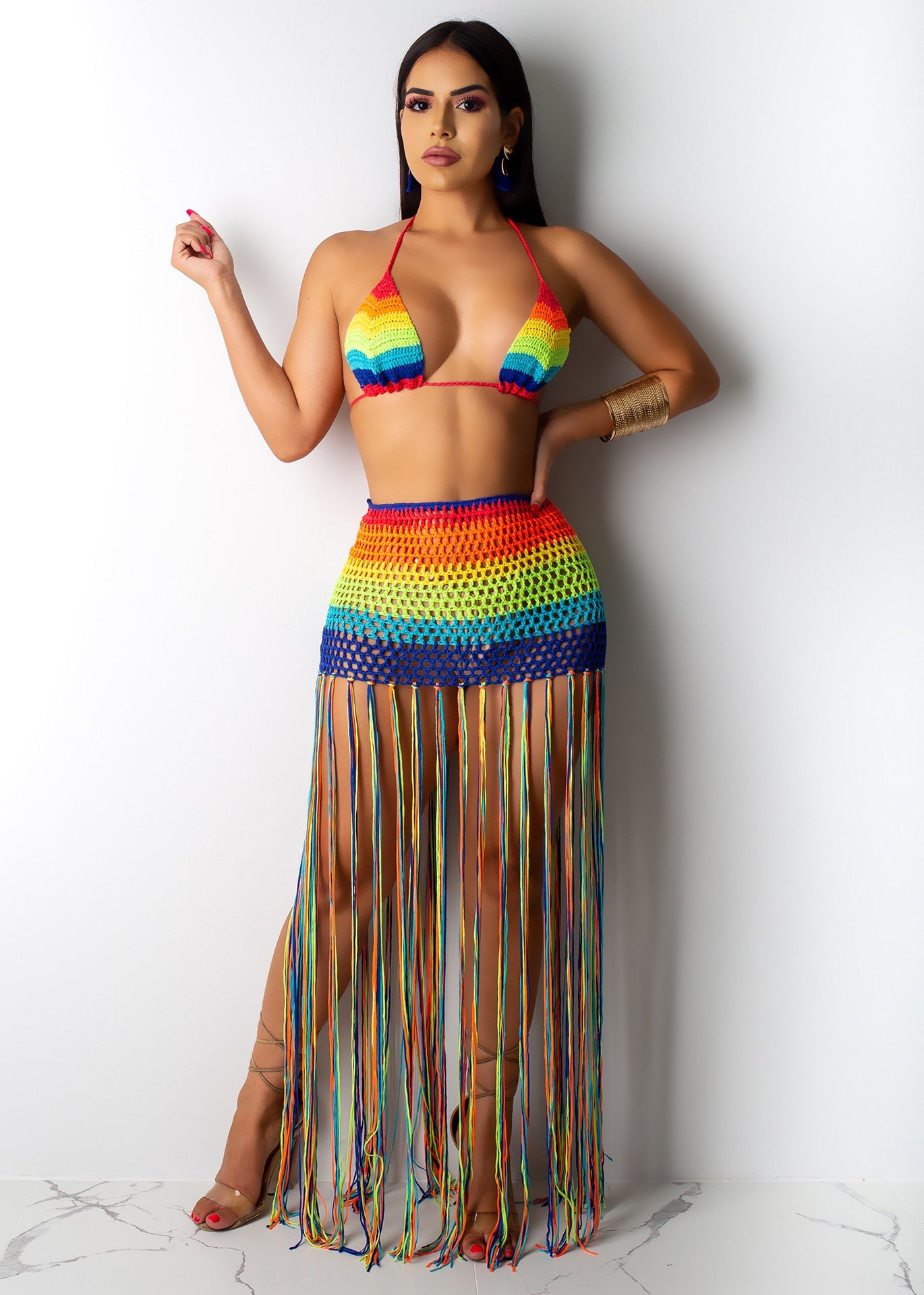 Ensemble 2 pièces sexy avec pompon au crochet arc-en-ciel