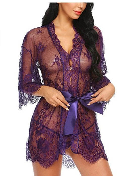 Cardigan en dentelle ajourée, pyjama à manches longues, Europe et états-unis, XL, lingerie sexy de style kimono pour femmes
