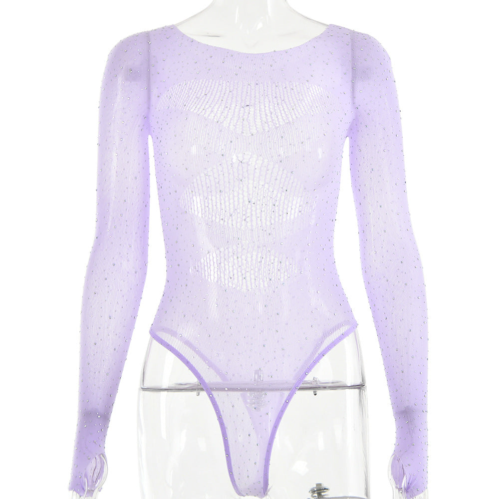 Women's High Elastic Knitted Sheer Long Sleeve Hollow Rhinestone Jumpsuit