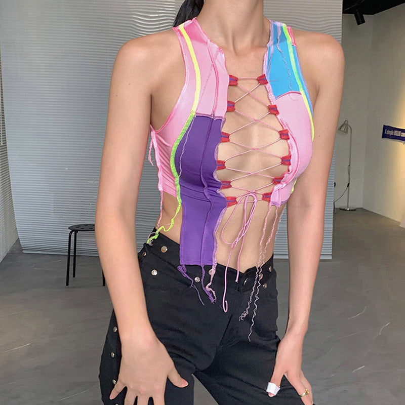 Color Irregular Navel Lace-up Cutout Sexy Low-cut Vest Nightclub Goddess Temperament Summer