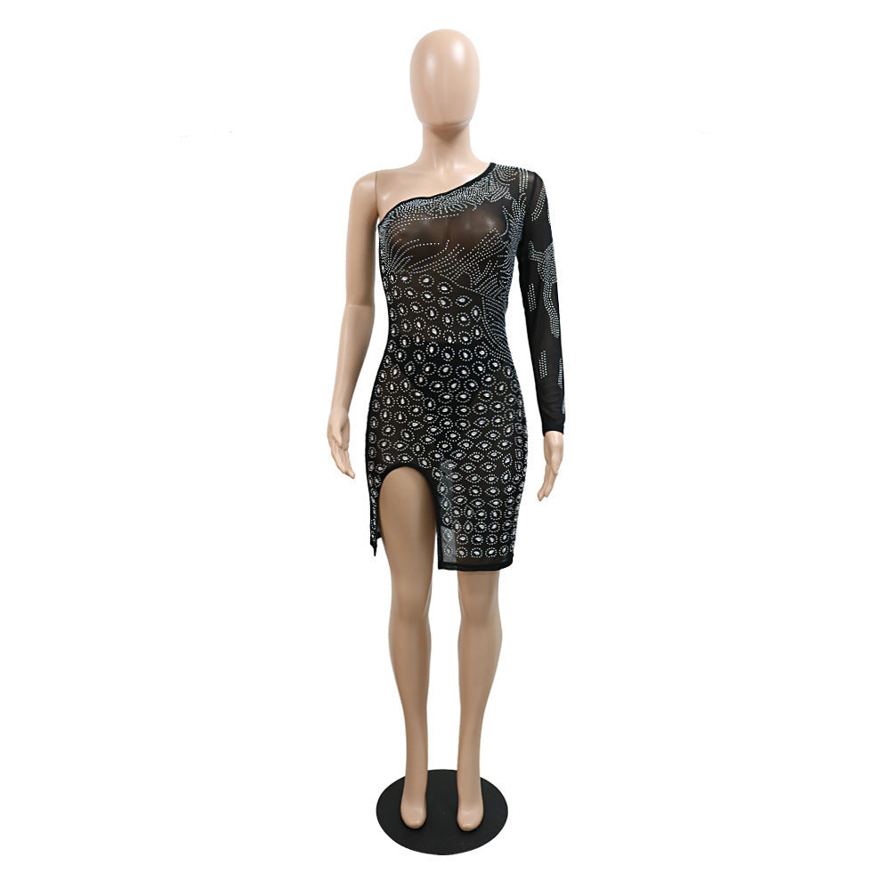 Women's One-shoulder Perspective Fashion Hot Rhinestone Split Hip Dress