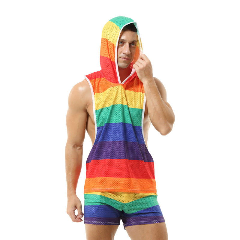 Rainbow Hooded Men's Vest V-neck Hollow Breathable Thin Sexy Sleeveless Loose I-shaped Top Without Pants