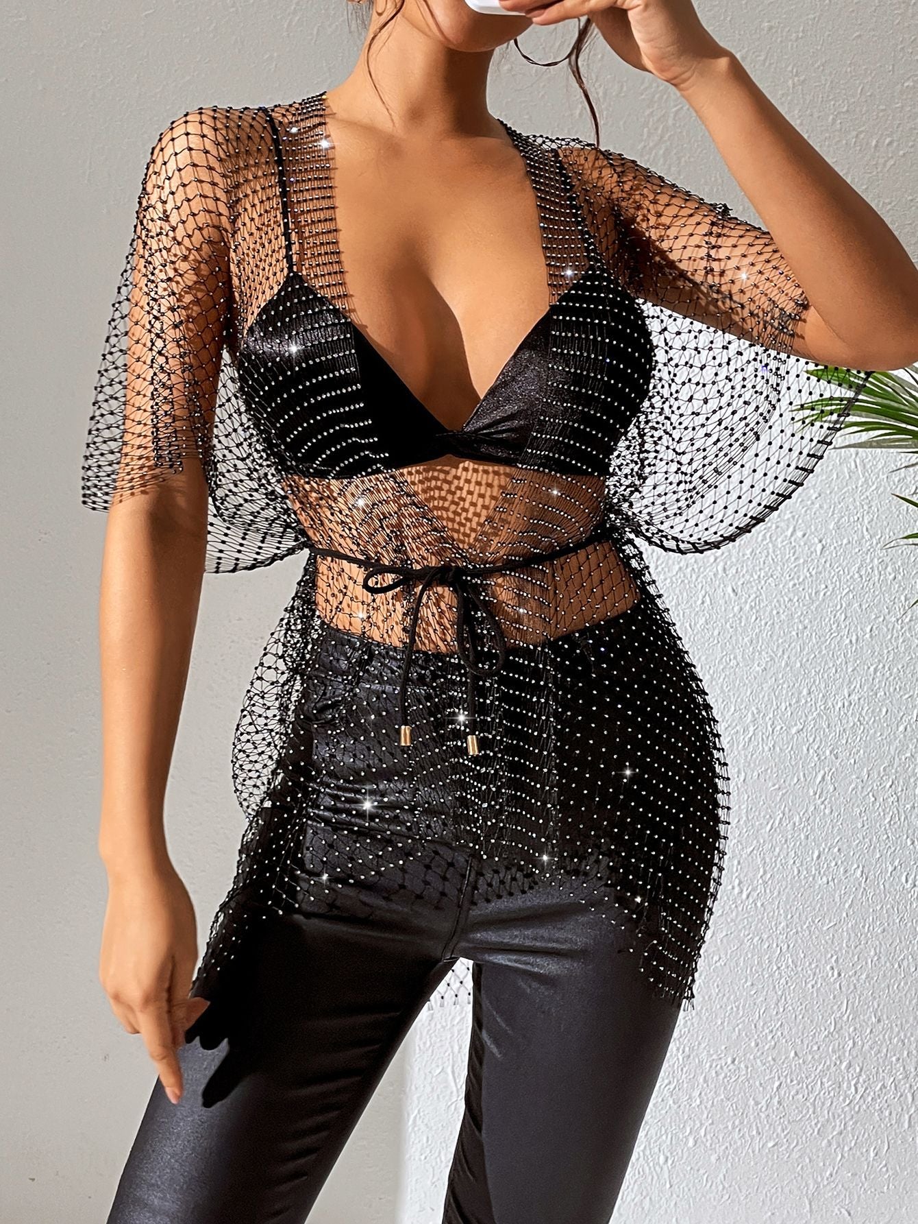 Sexy Fishnet Rhinestone Women's Short-sleeved Cardigan Nightclub Outer Tops