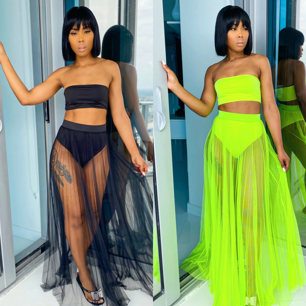 Mesh Chest-wrapped Swimsuit Ladies Two-piece Set