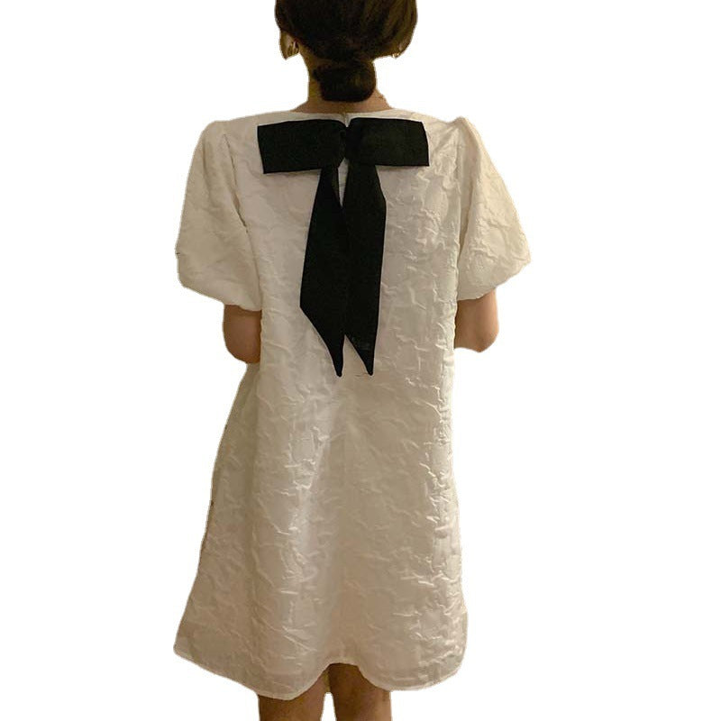 Design Sense Amoi Round Neck Hot Rhinestone Bubble Short-sleeved Dress SmallA-line Skirt