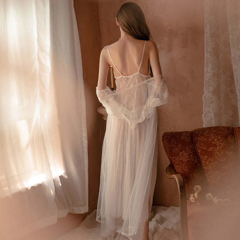 Camisa de mujer de poliéster blanco con encaje transparente y elástico Chemise abrigo panty conjunto de 3 piezas traje de lencería sexy