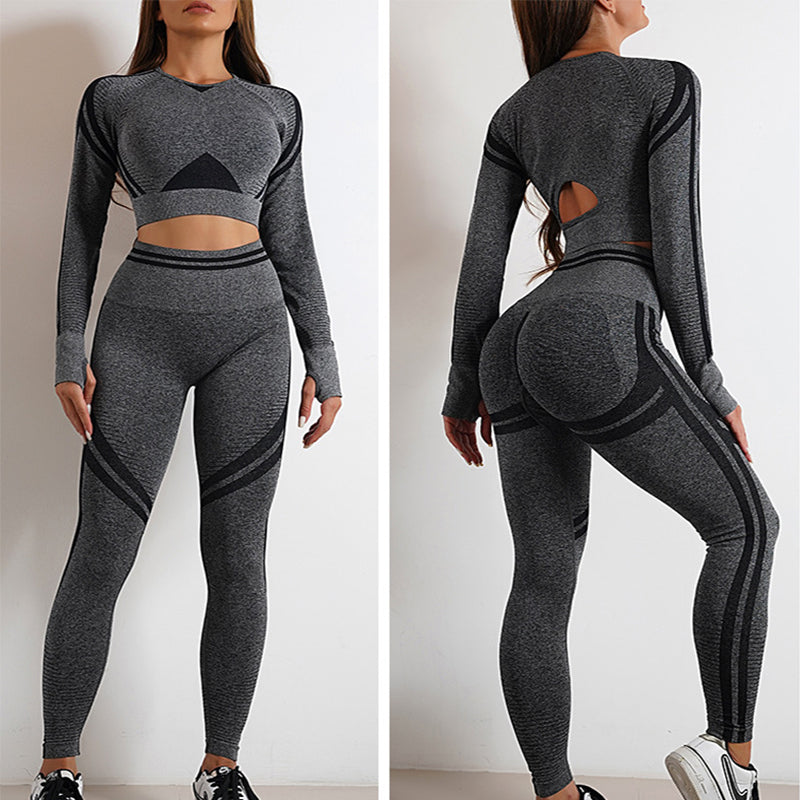 2pcs Seamless Yoga Pants Sports Gym Fitness Leggings And Long Sleeve Tops Outfits Lifting Slim Workout Sportswear Clothing