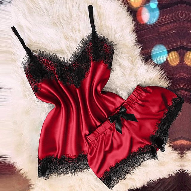 Lencería sexy para mujer, ropa de dormir, camisola, pantalones cortos con lazo, cuello en V
