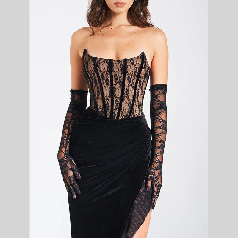 Sexy Lace Velvet Patchwork Dress For Women