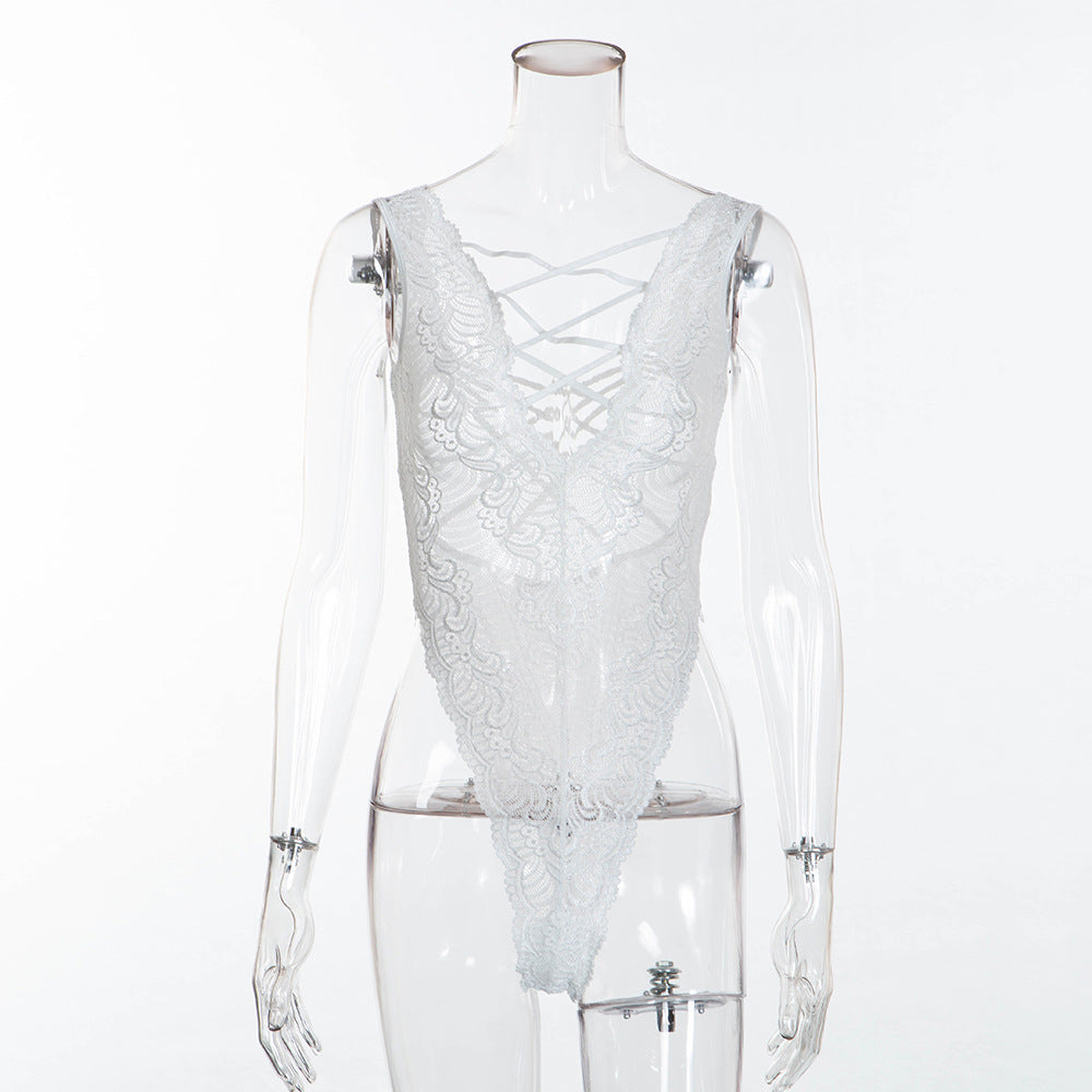 Traje de seducción de una pieza con perspectiva de encaje blanco de lencería sexy