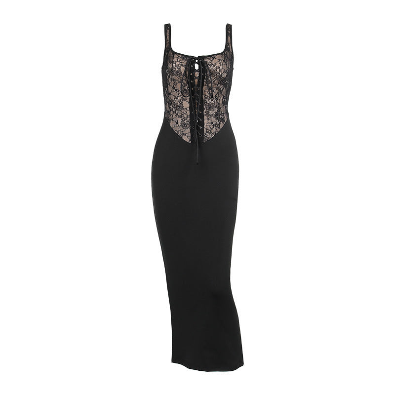 Hot Girl Temperament Slim Vest And Long Sleeve Lace Stitching Tied Dress