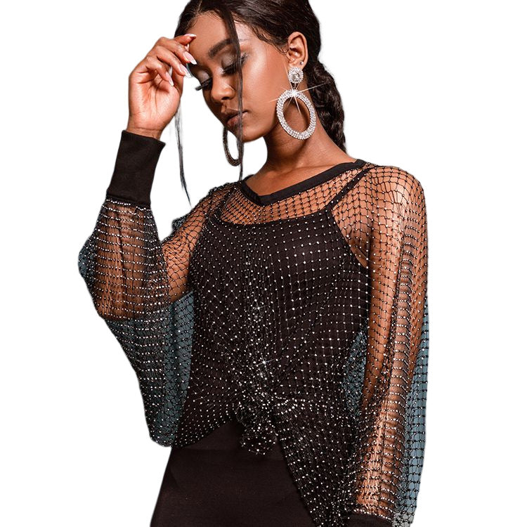 Sexy Fishing Net Rhinestone Long Sleeve