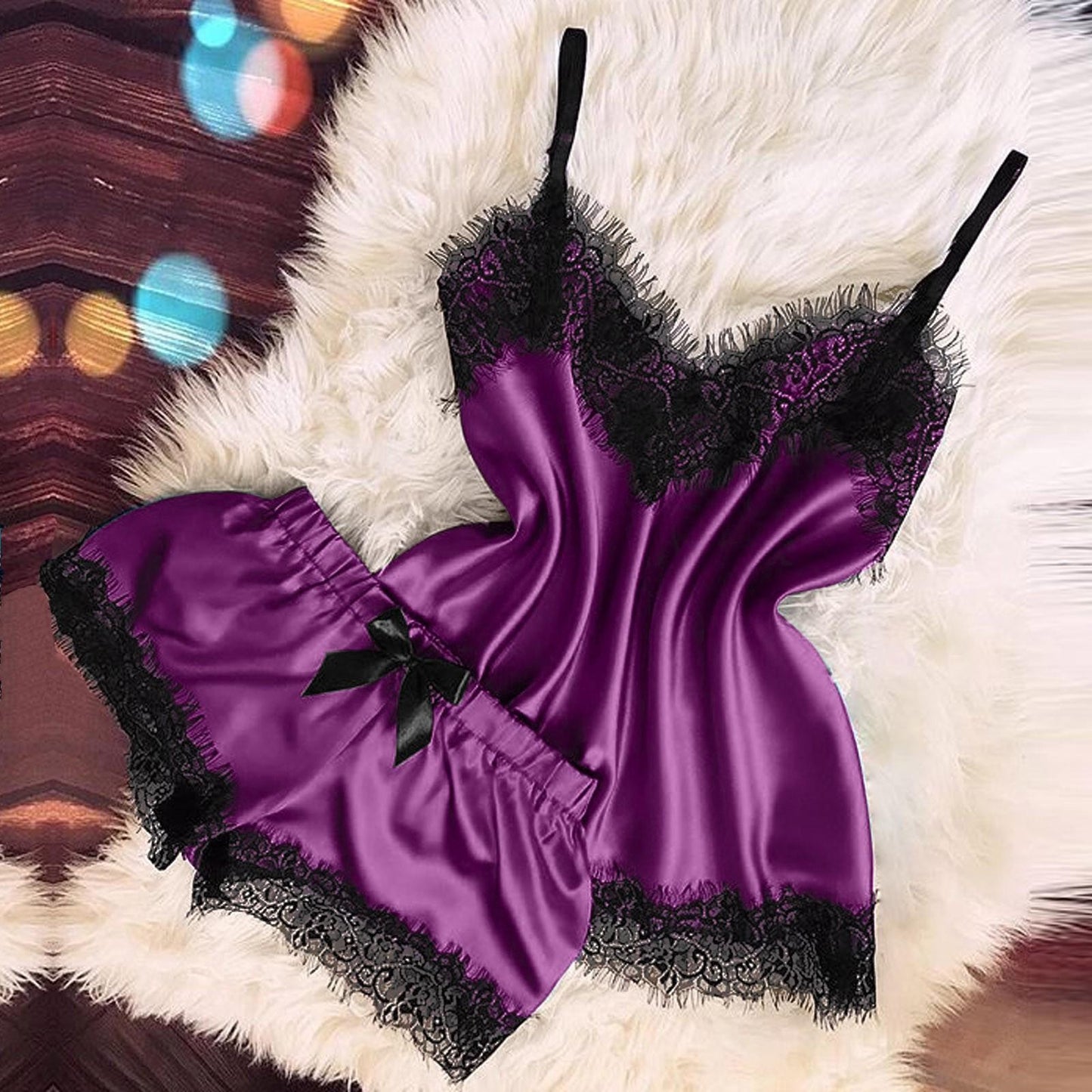 Lencería sexy para mujer, ropa de dormir, camisola, pantalones cortos con lazo, cuello en V
