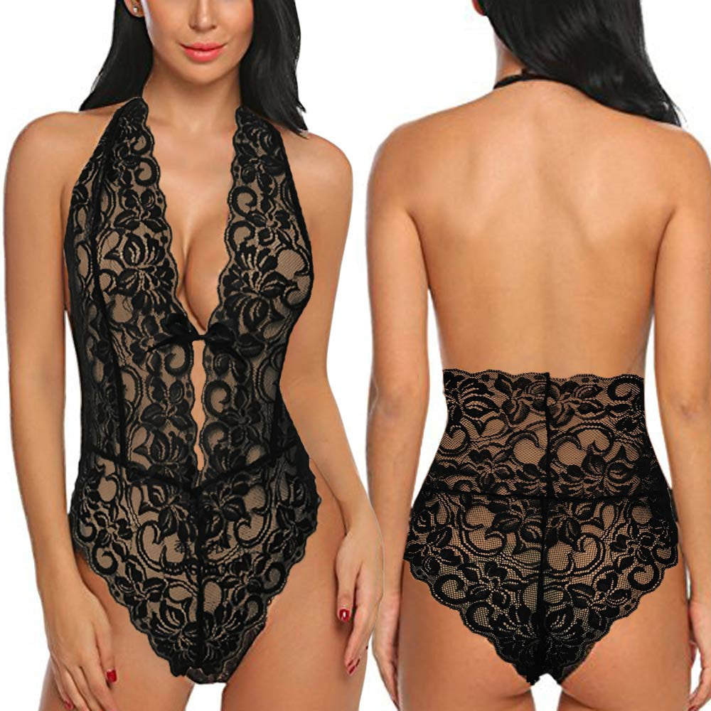 Lingerie sexy noire en dentelle de haute qualité, body décolleté