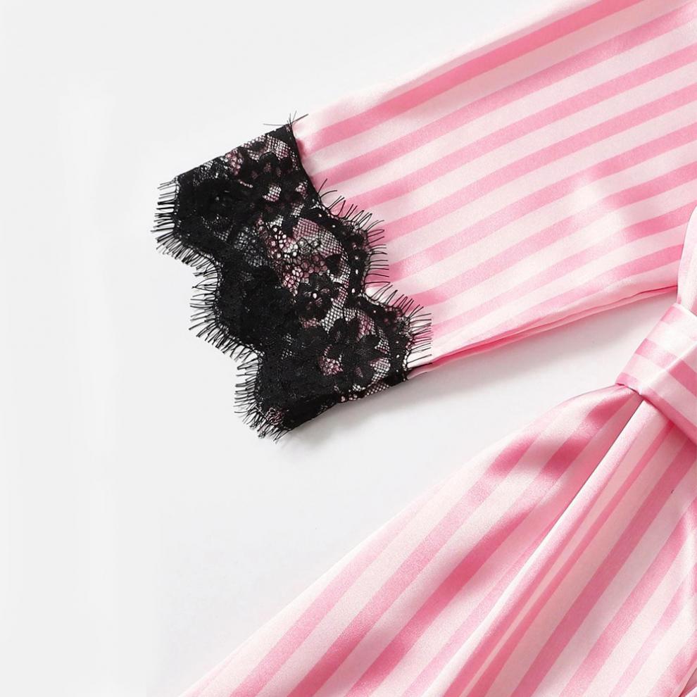 Lencería Satén Rosa Abrigo A Rayas Sujetador De Encaje Ropa Interior Conjunto De Cuatro Piezas