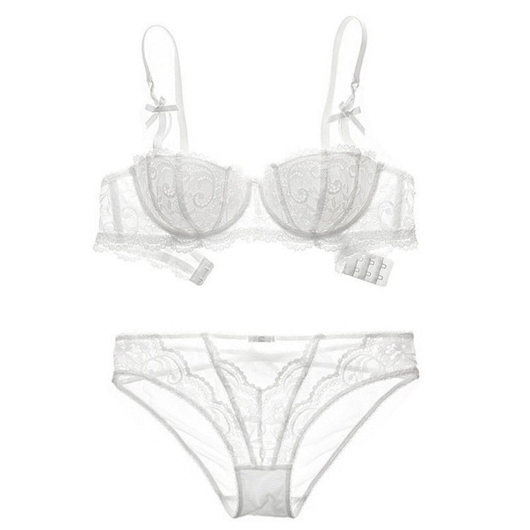 Conjunto de ropa interior roja vino con sujetador de media copa recogido en el pecho pequeño fino de encaje Sexy europeo y americano