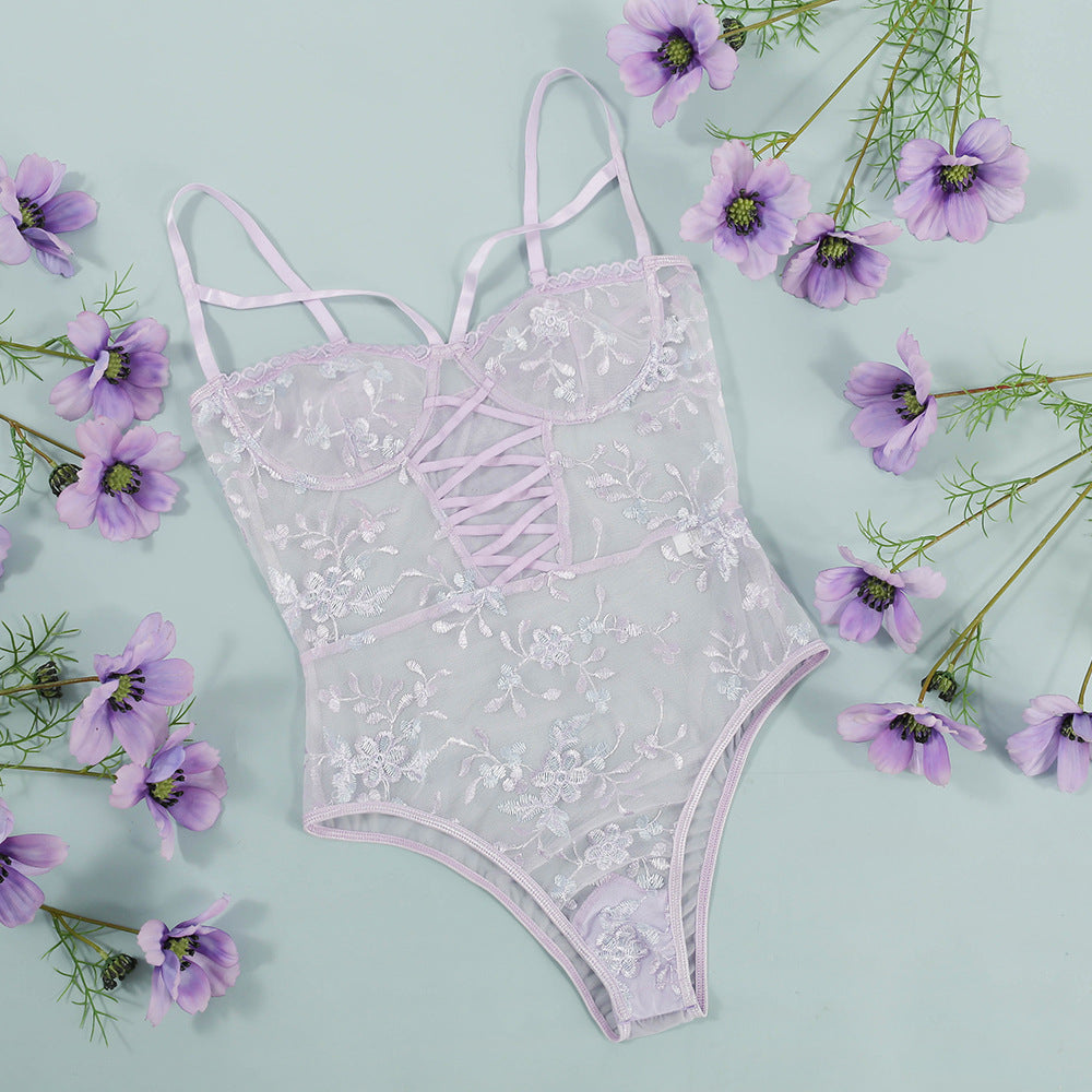 Body à fleurs brodées en résille