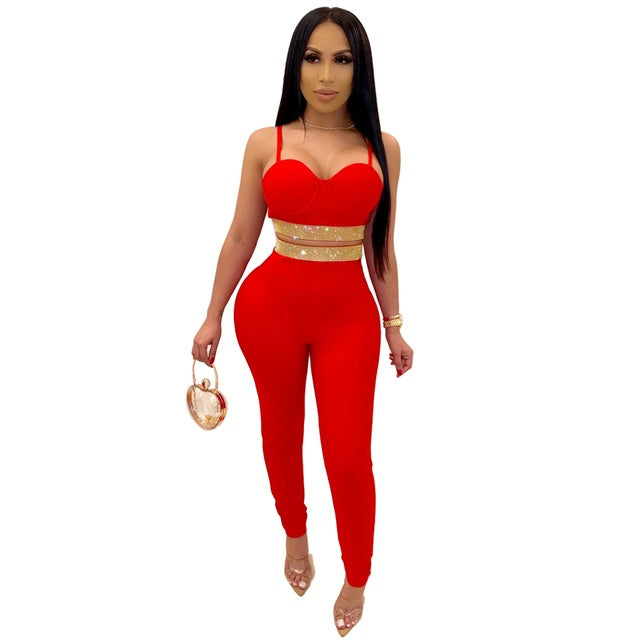 Strapless Sexy Off-Shoulder Club Hot Rhinestone Skinny Set