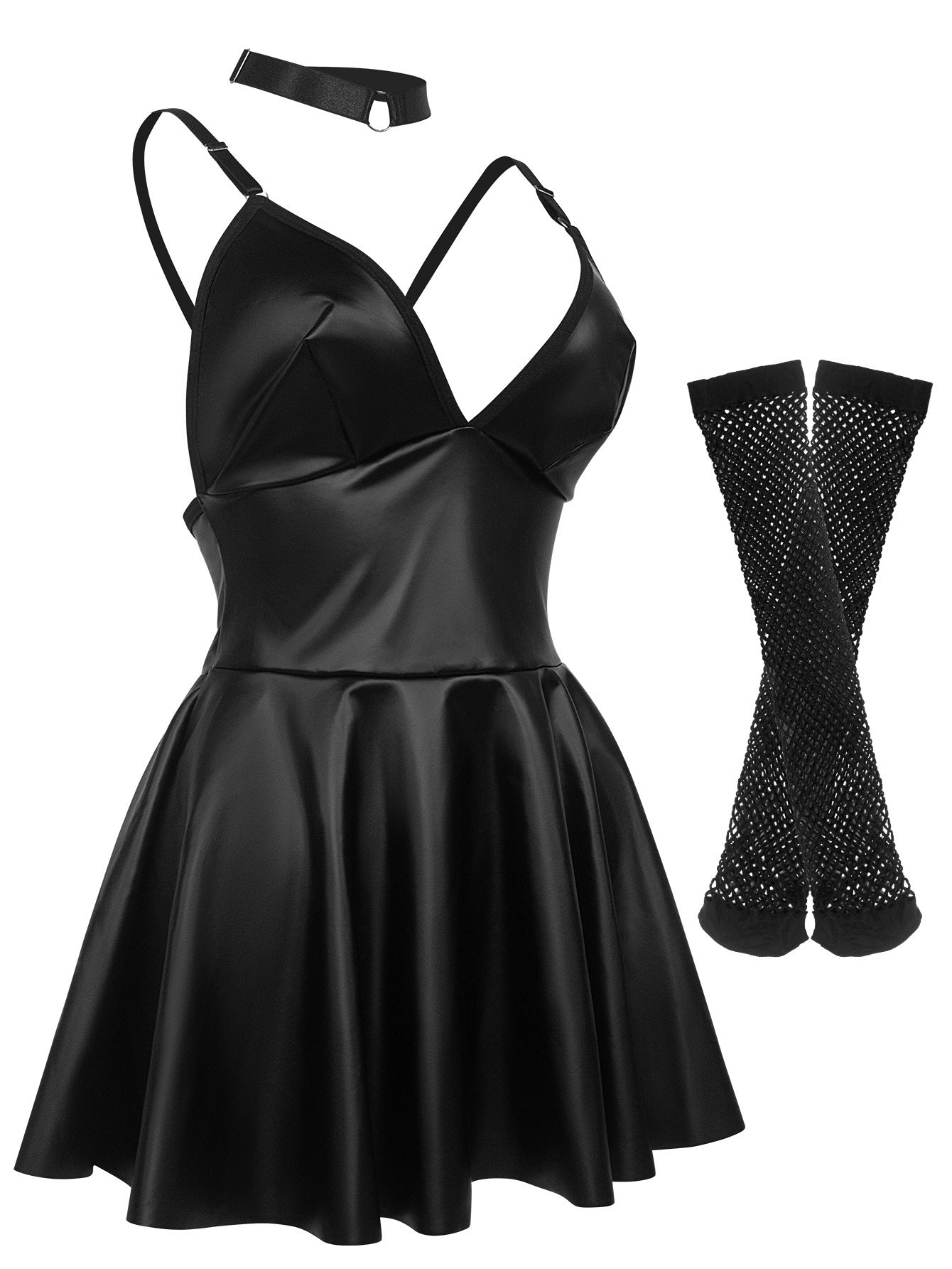 Black Pajamas Mesh Stockings Collar Three-piece Set